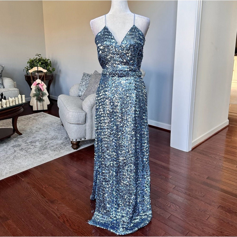 Y2K Vintage Themes Blue Fully Sequined Plunge Neck Belted Gown Dress